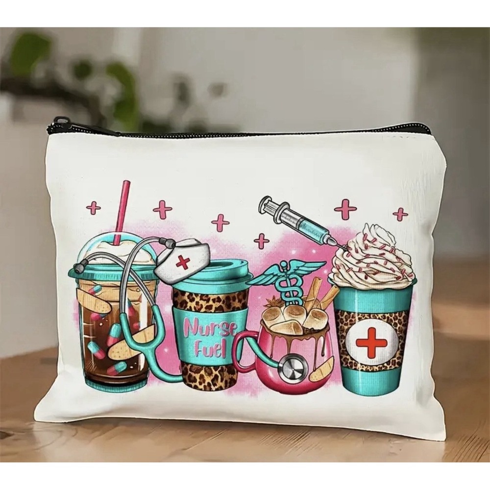 Nurse Inspired Design Accessory Bag with Stethoscope & Coffee Zip Closure